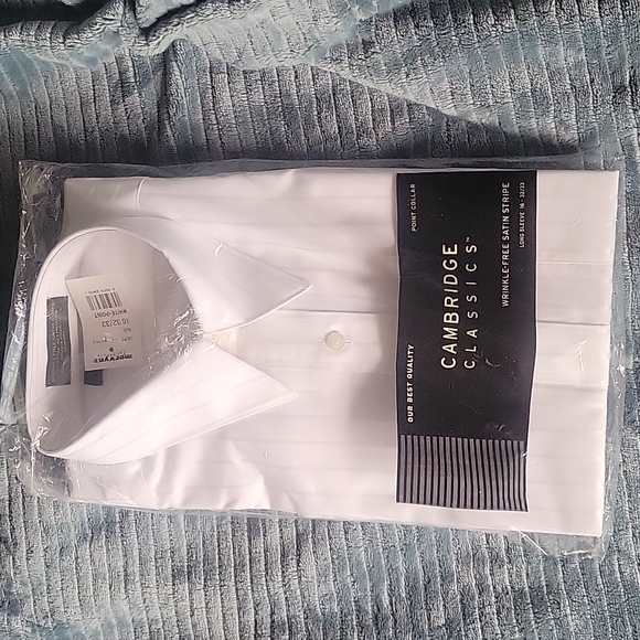 NWT Cambridge Classics white satin stripe button-up dress shirt - Picture 7 of 10
